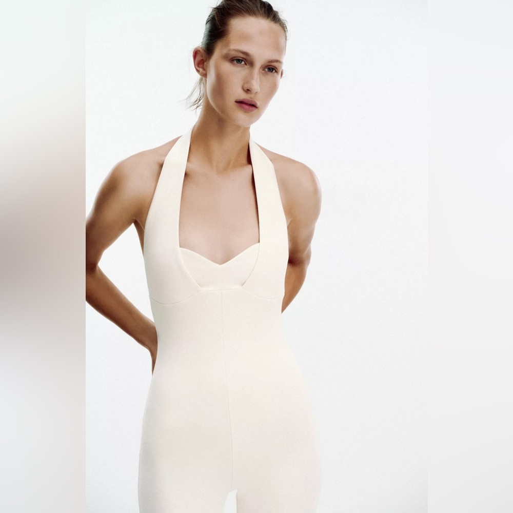 Zara NWT Interlock Flare Cotton Blend Sweetheart Neckline Halter Jumpsuit- Small - Picture 9 of 16